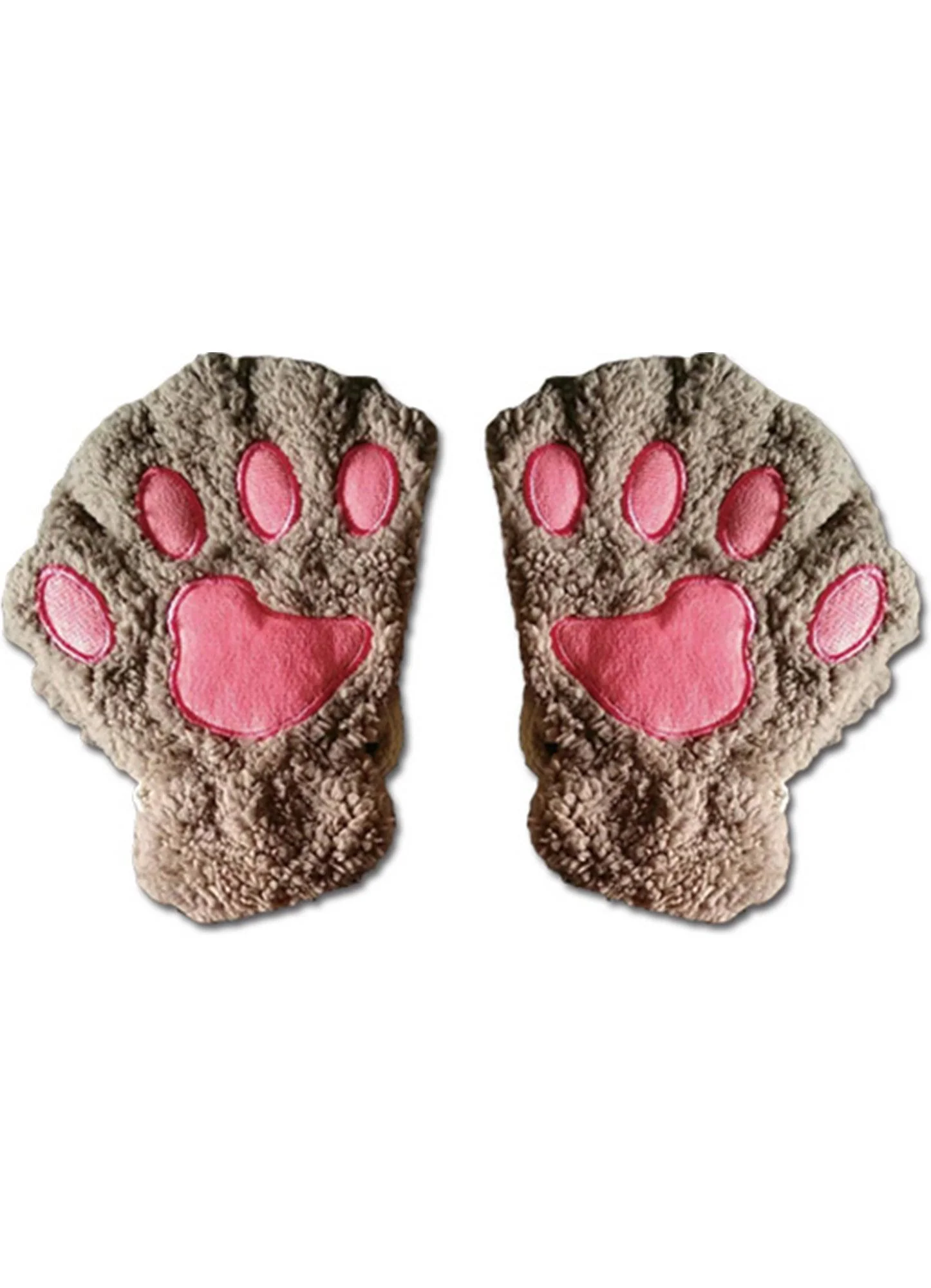 Beige Paw Fingerless Plush Gloves