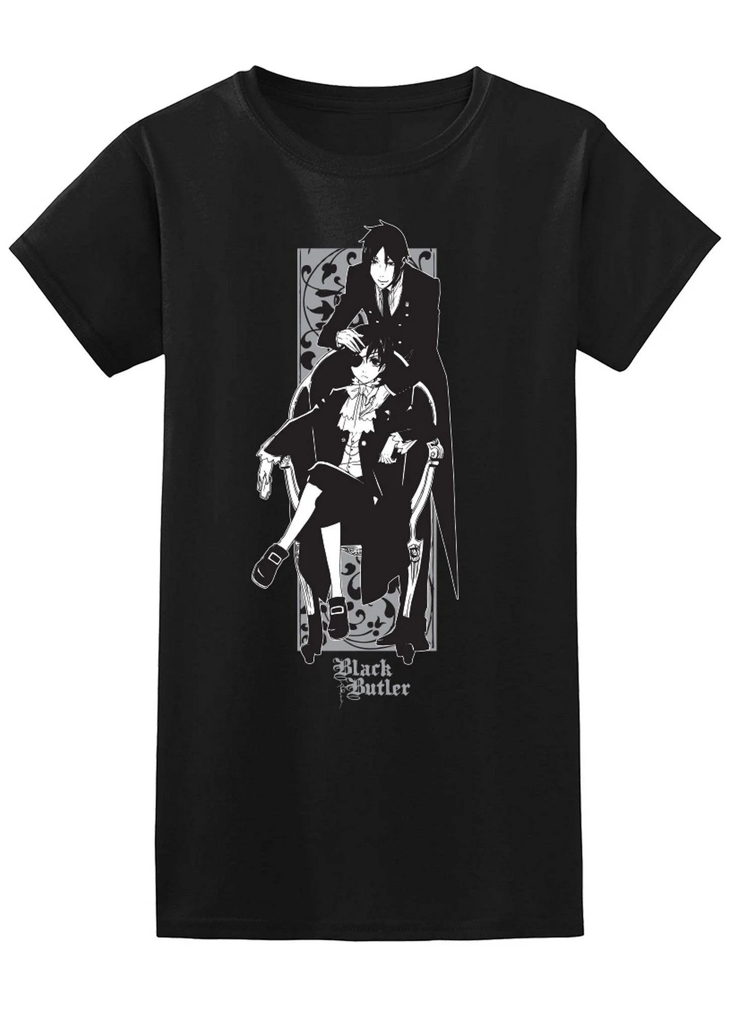 Black Butler - Sebastian Michaelis And Ciel Phantomhive Floral Jrs Screen Print T-Shirt