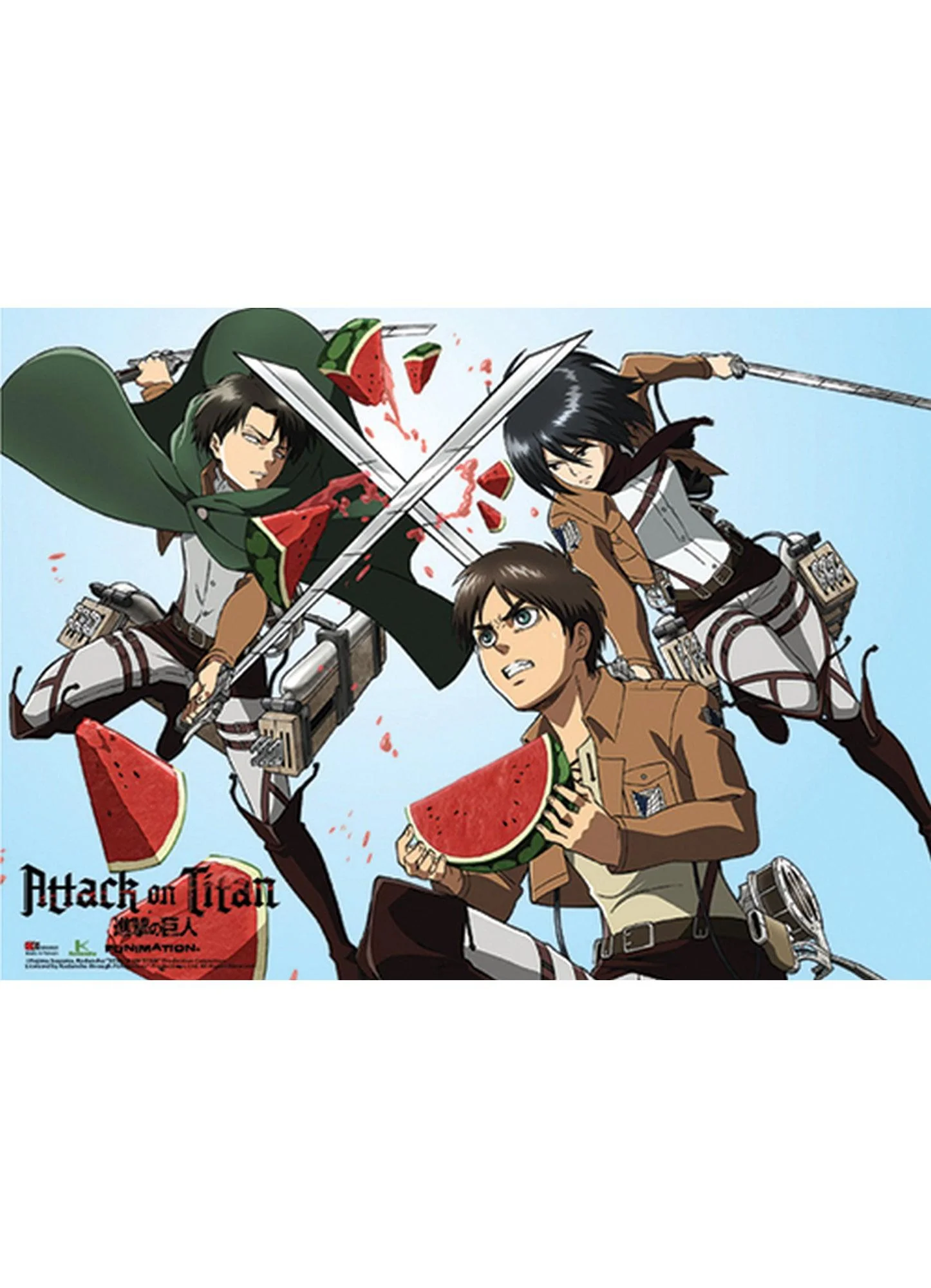 Attack on Titan - Eren Yeager, Mikasa Ackerman And Levi Ackerman Watermelon Fight Wall Scroll